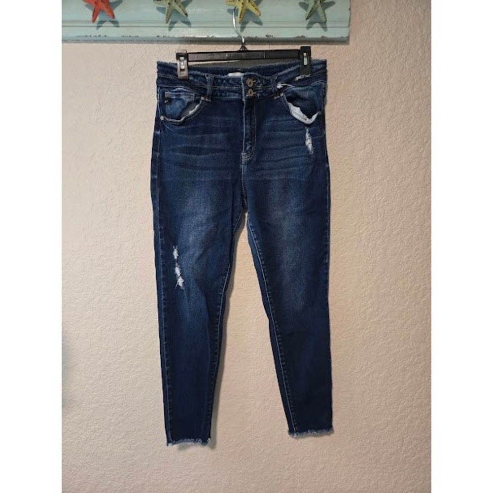 Kancan‎ Dark Wash Distressed Skinny Jeans with Raw Hem